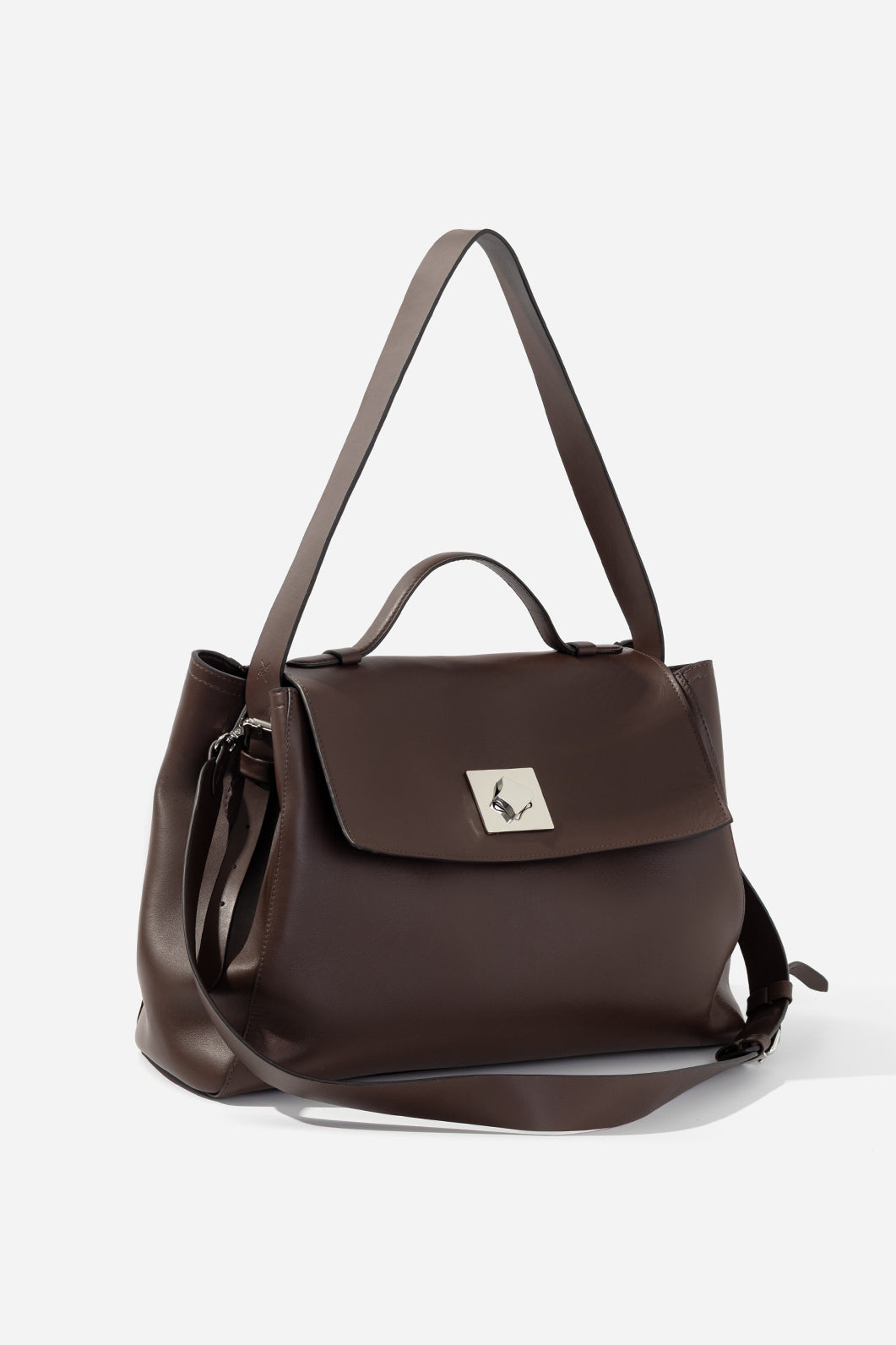 ERNESTINA 42 dark brown leather bag KACHOROVSKA angled view with long detachable strap and silver hardware