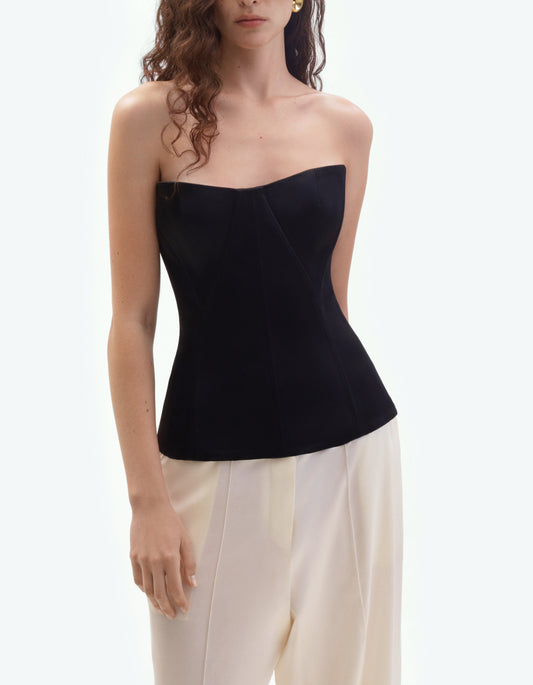Black satin bustier with geometric details ELENA REVA