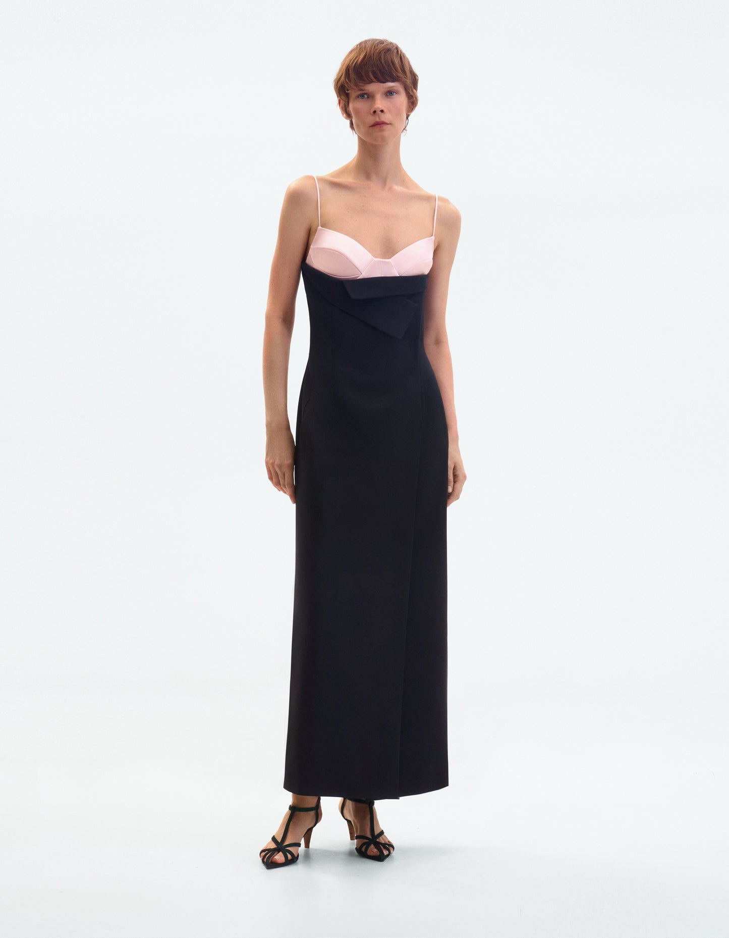 Black wool midi dress with dusky satin bustier ELENA REVA