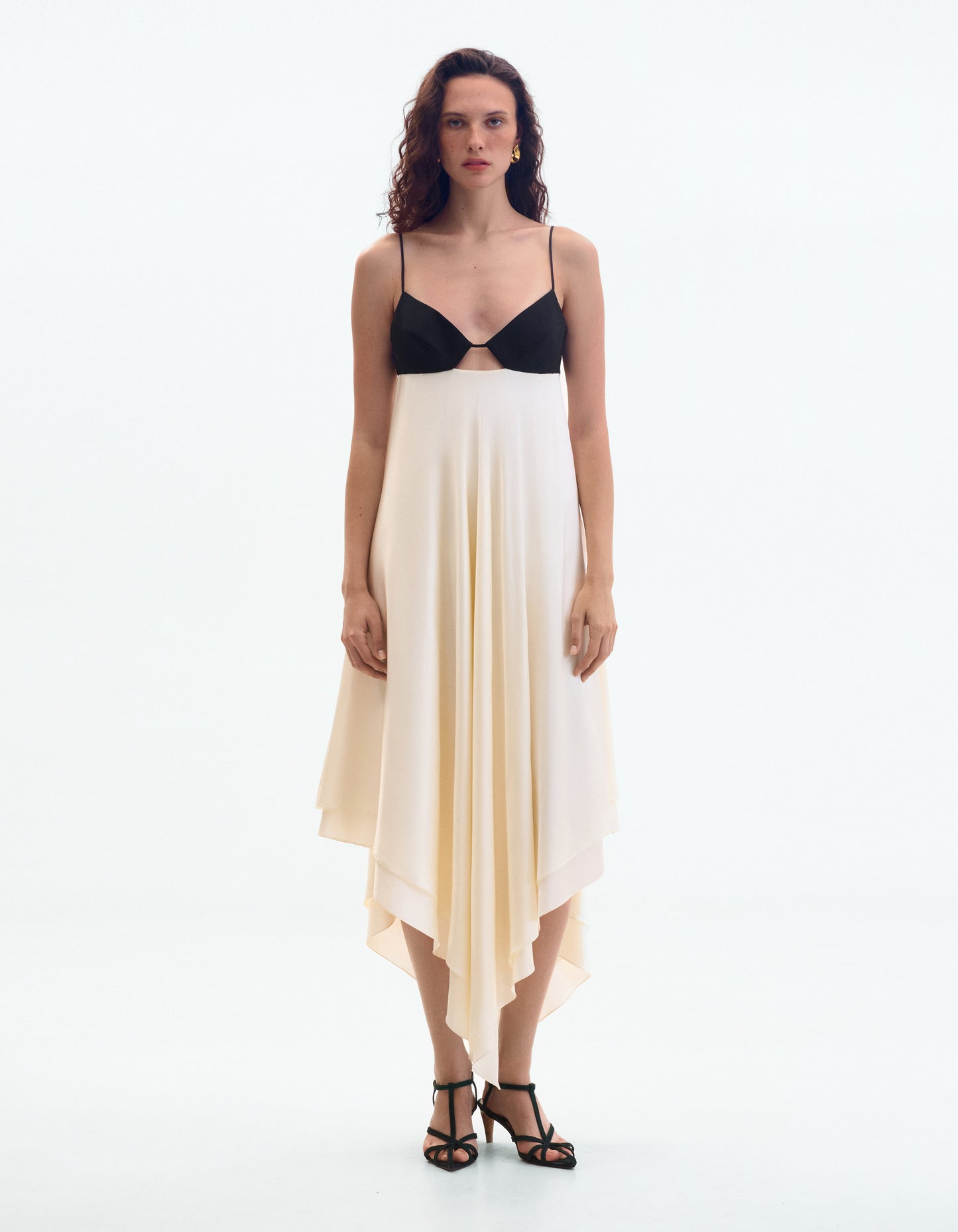 Cream silk midi dress with black top ELENA REVA