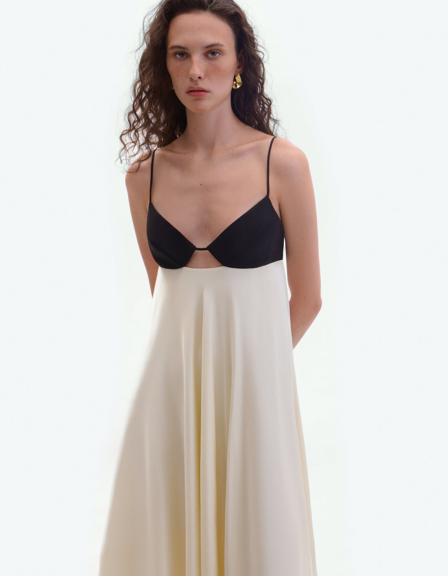 Cream silk midi dress with black top ELENA REVA