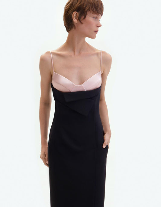 Black wool midi dress with dusky satin bustier ELENA REVA