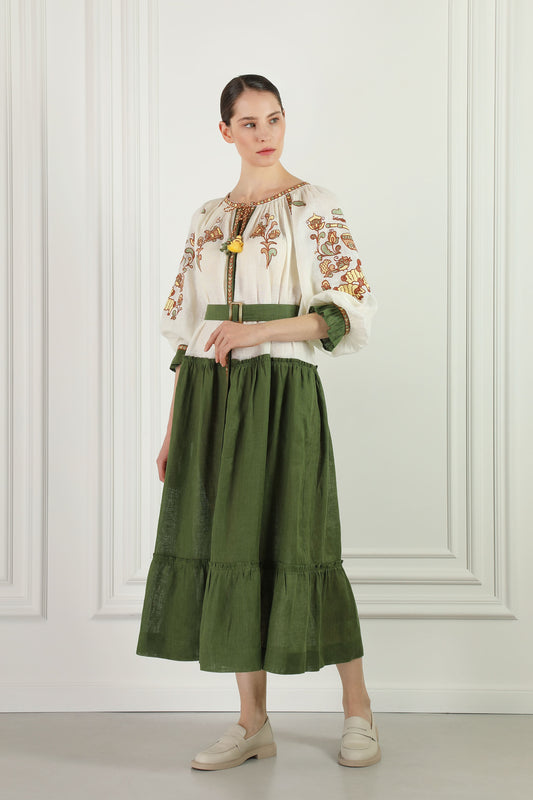 "Embroidery history" beige-green midi-dress  FOBERINI