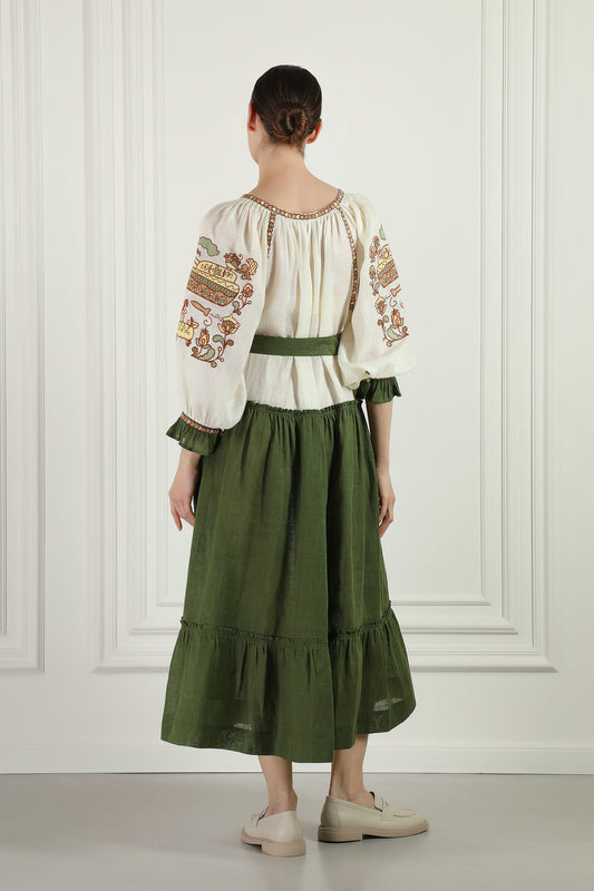 "Embroidery history" beige-green midi-dress  FOBERINI