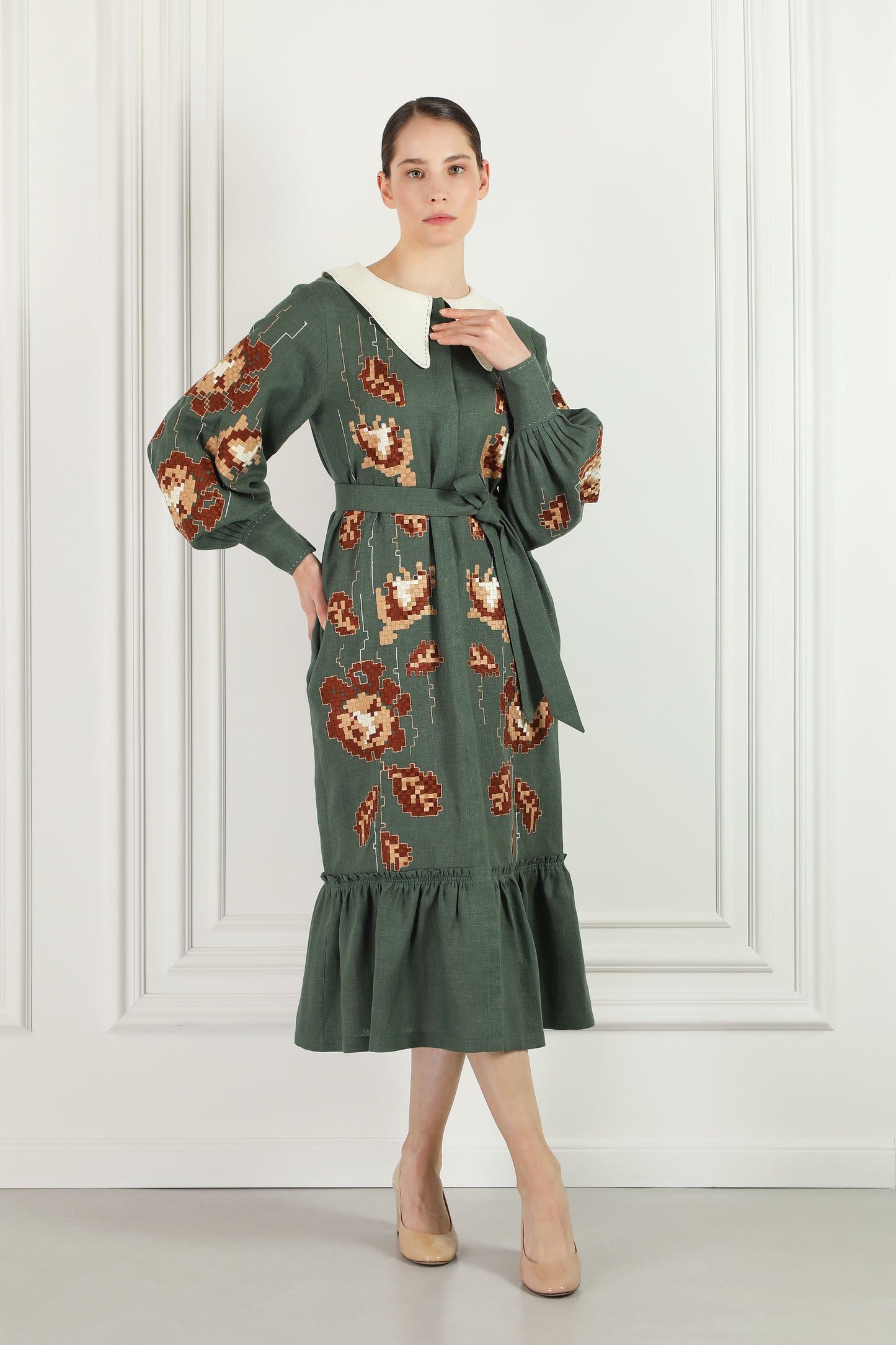 Adele Green Dress with a collar FOBERINI