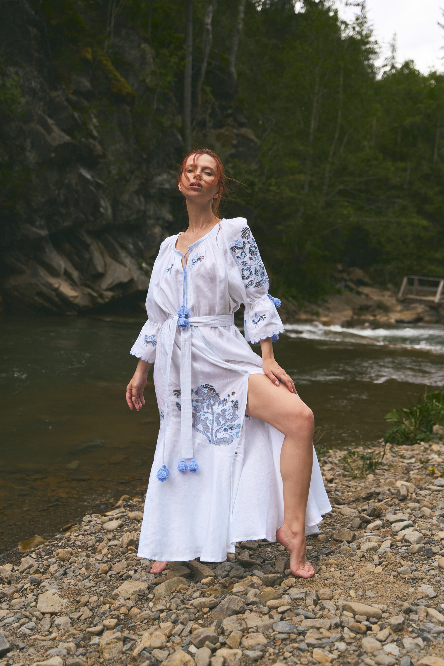 Tree of life white maxi dress with blue embroidery FOBERINI