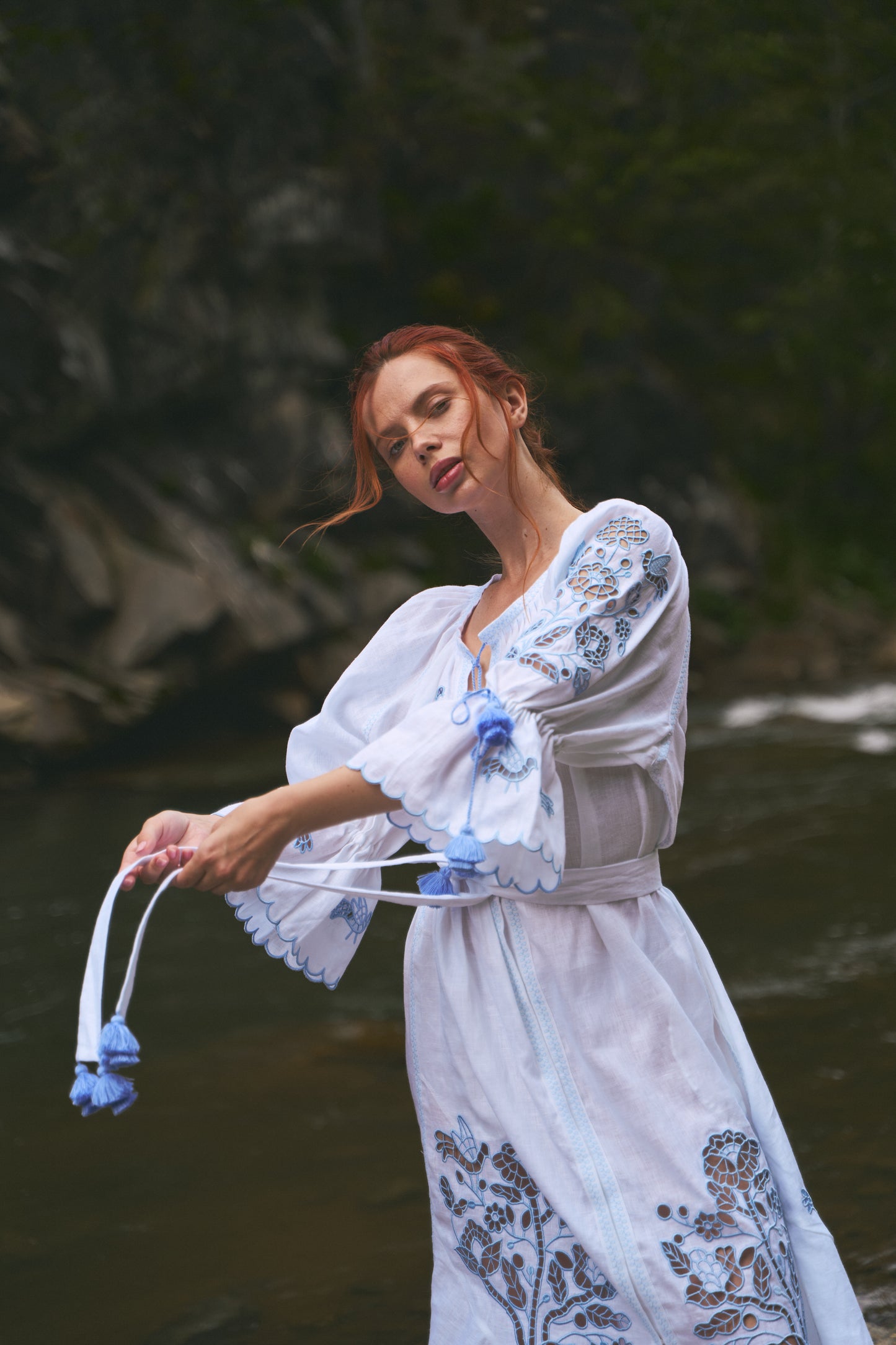 Tree of life white maxi dress with blue embroidery FOBERINI