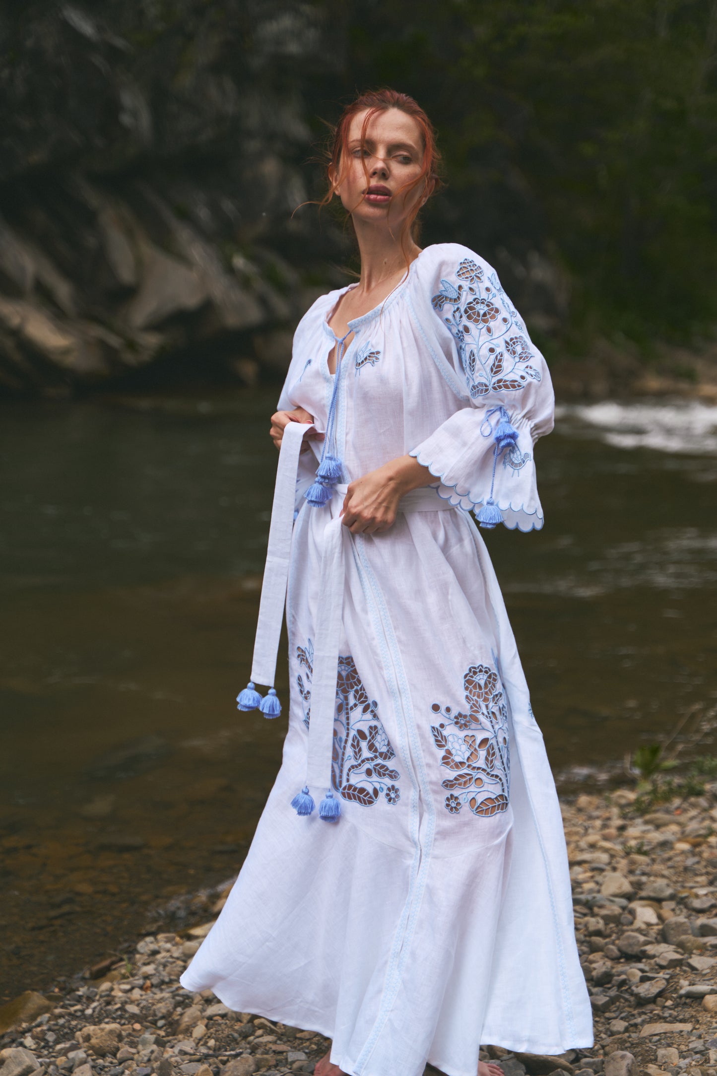 Tree of life white maxi dress with blue embroidery FOBERINI