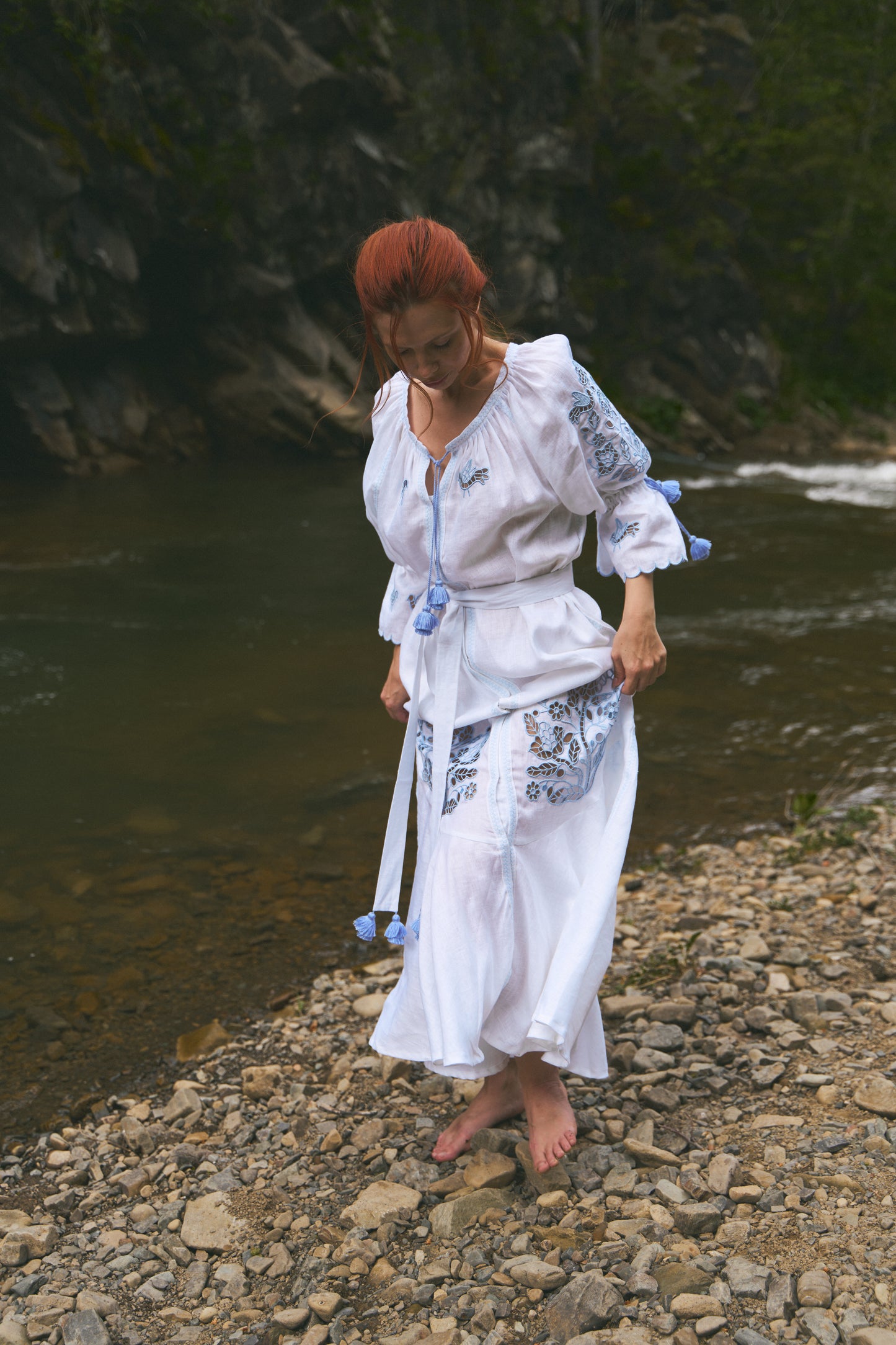 Tree of life white maxi dress with blue embroidery FOBERINI