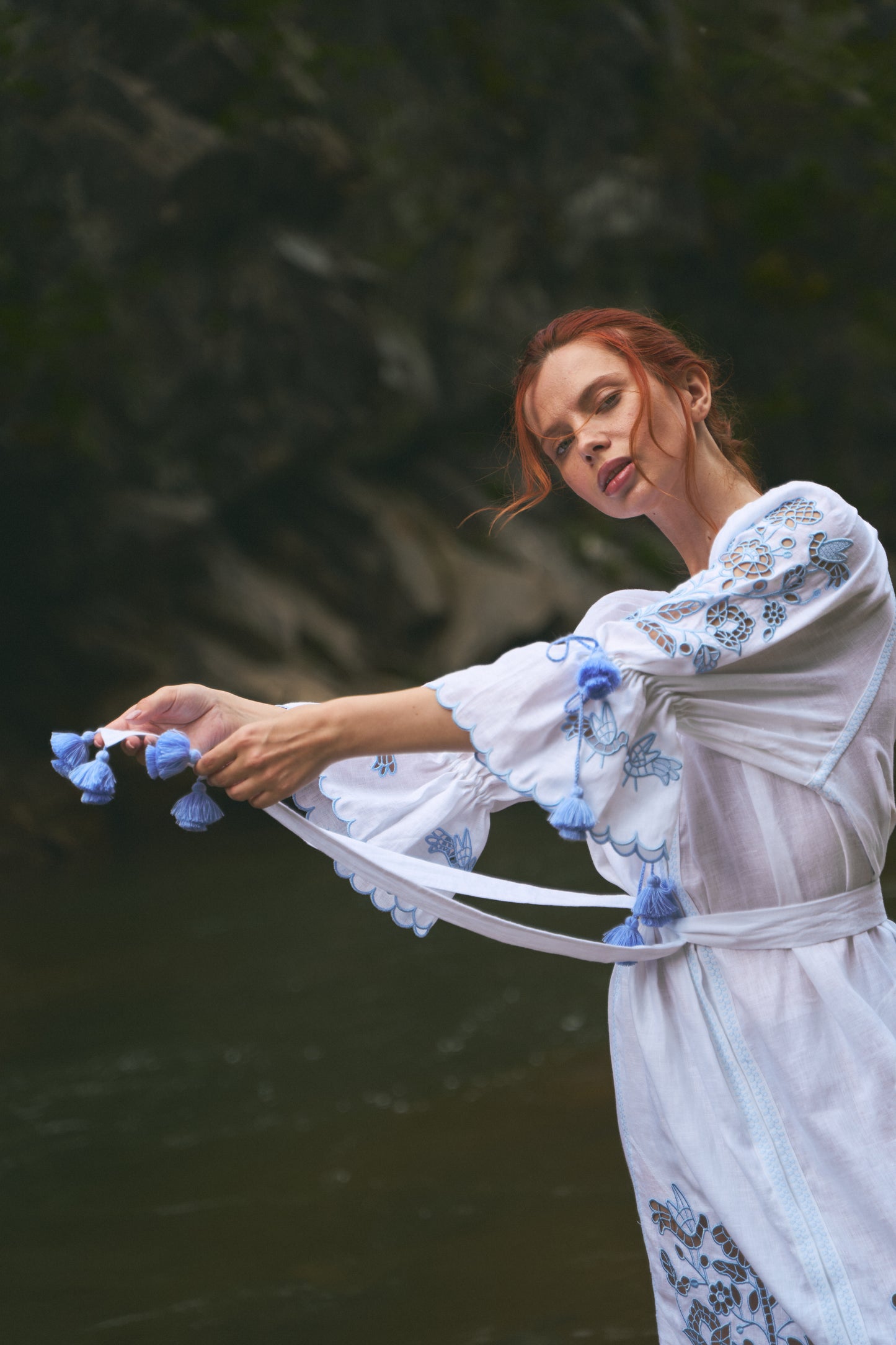 Tree of life white maxi dress with blue embroidery FOBERINI