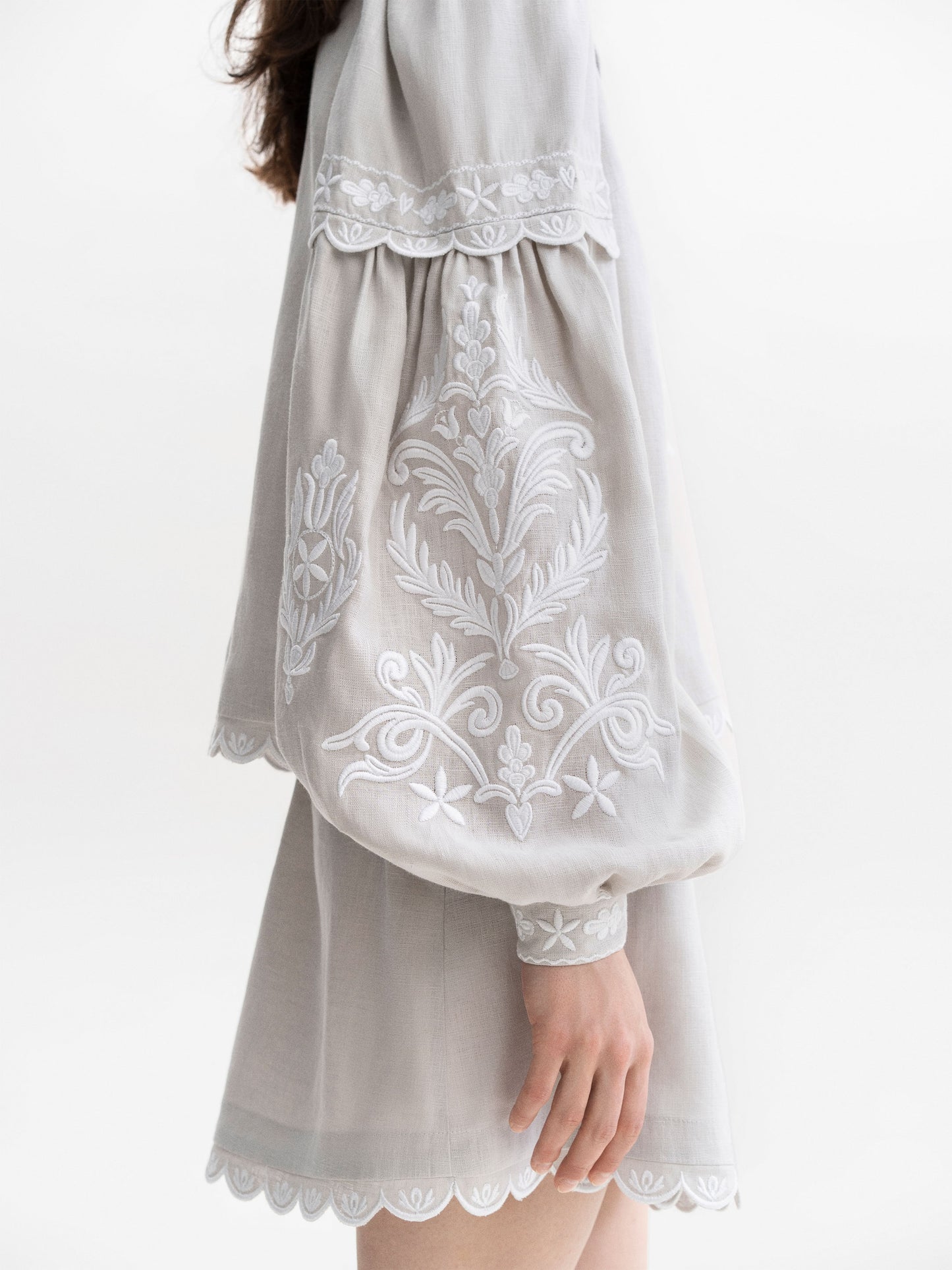 Gray linen blouse with white embroidery Meadow ETNODIM