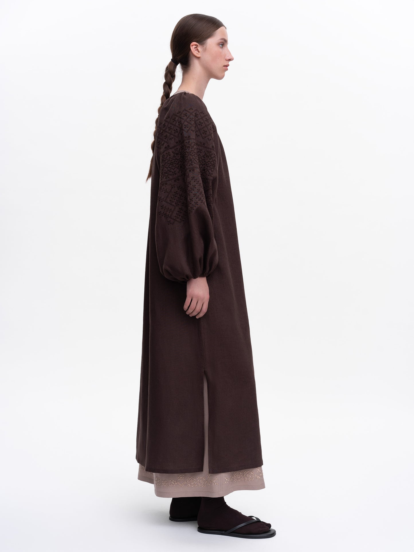 Brown embroidered dress Velina ETNODIM