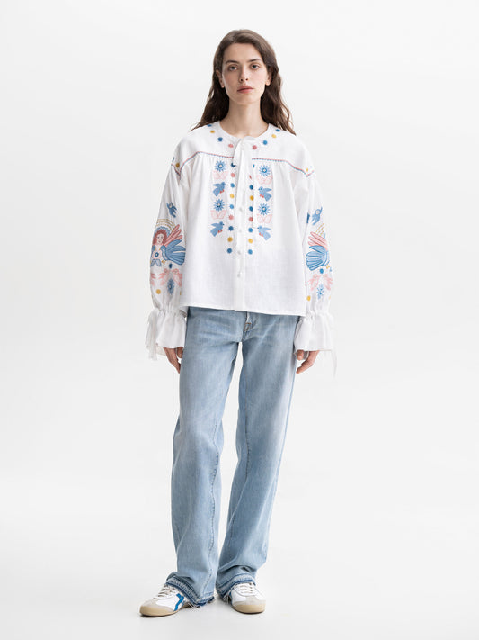 White embroidered shirt with abundant embroidery Naive ETNODIM