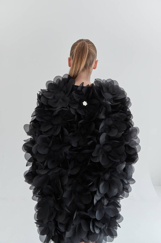 Peony Flower Fur Coat in charcoal black PASKAL