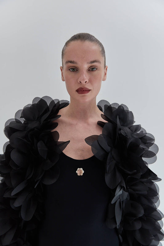 Peony Flower Fur Coat in charcoal black PASKAL
