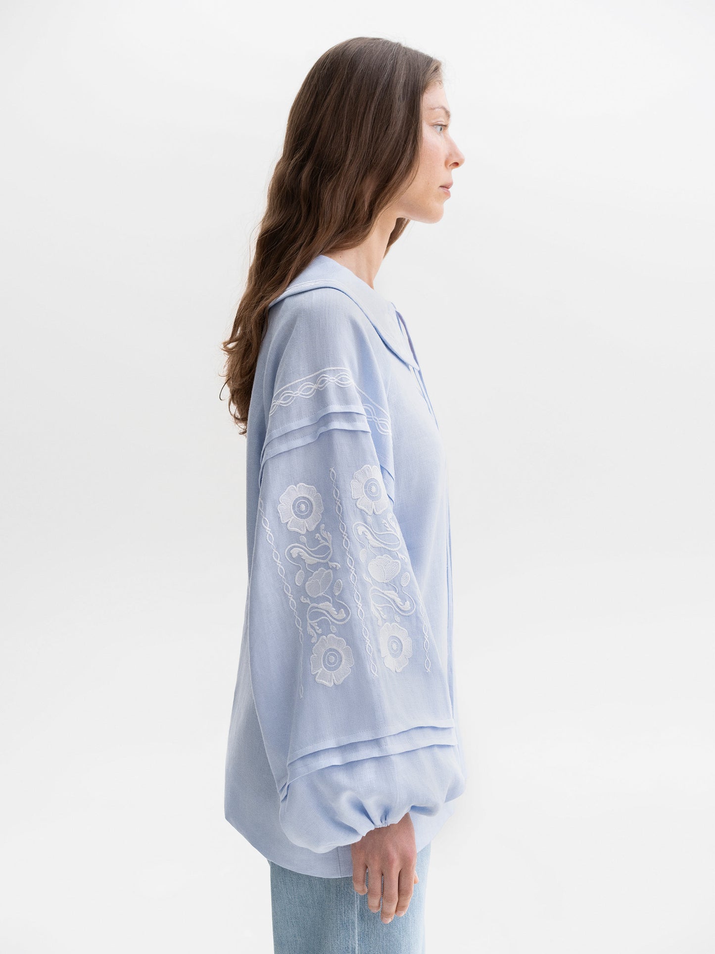 Soft blue shirt with white embroidery Dnipryana ETNODIM