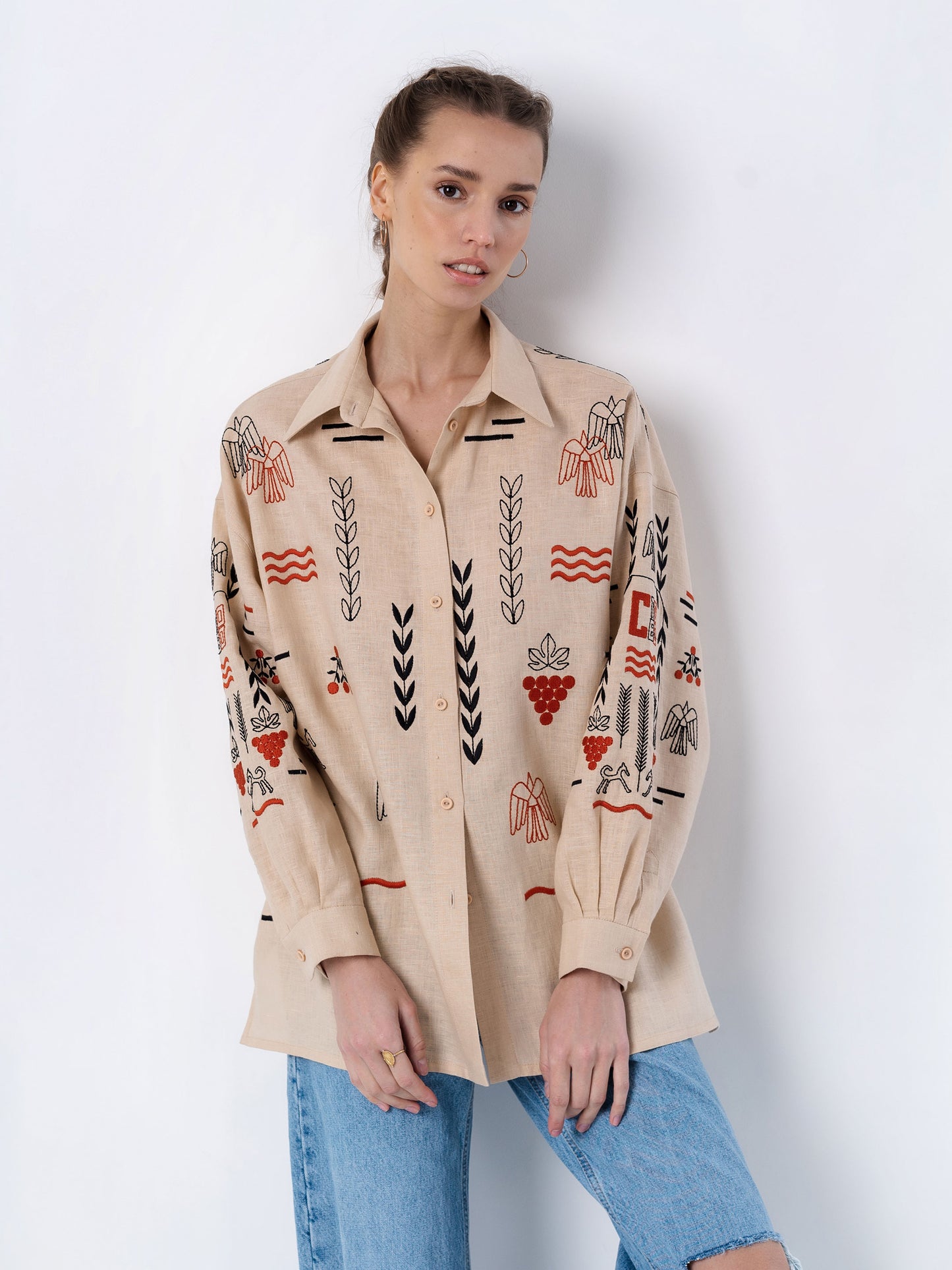 Beige linen embroidered shirt Slovo ETNODIM