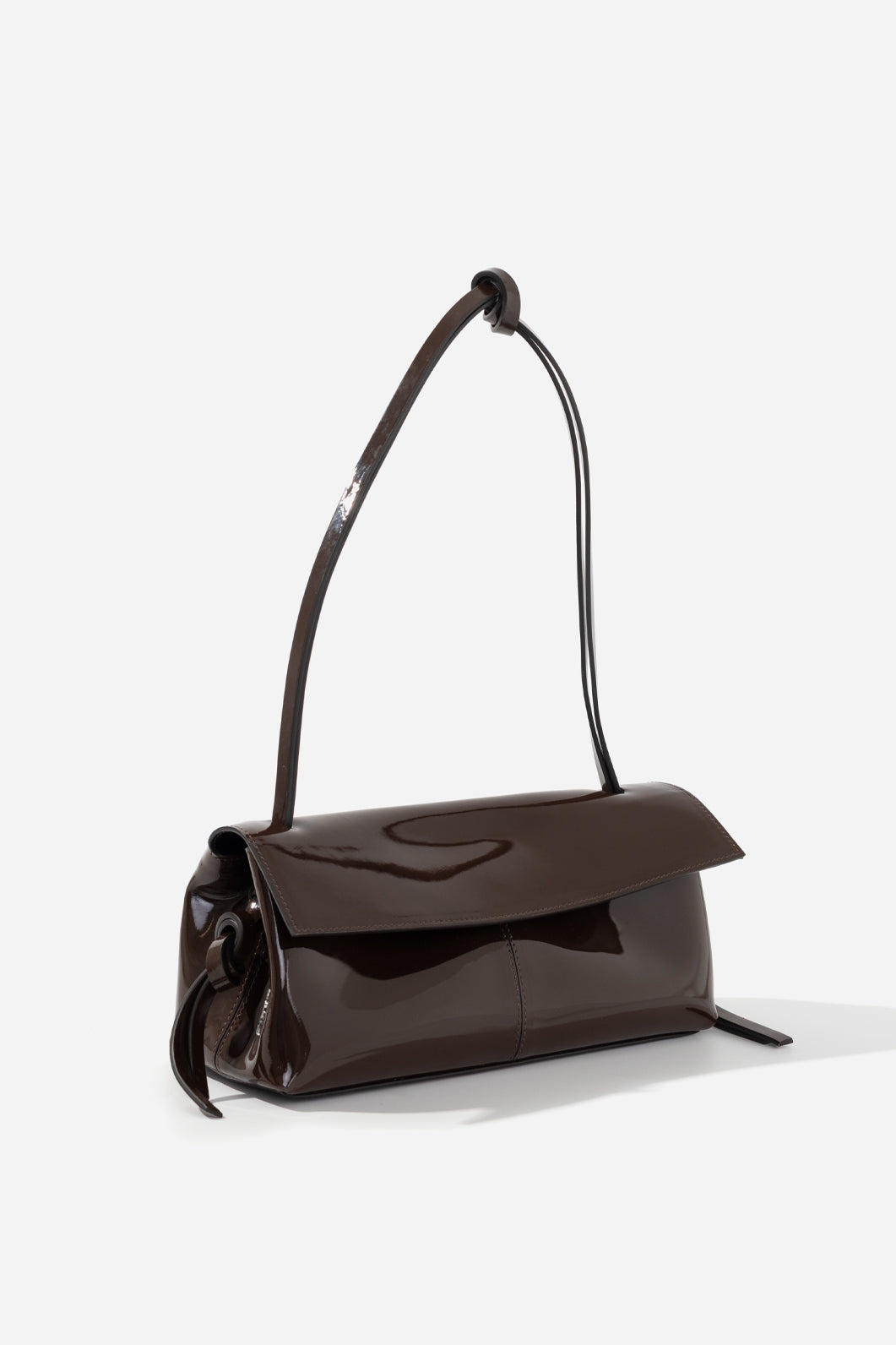 REBECCA BAGUETTE 29 dark brown patent leather bag KACHOROVSKA, front 3/4 view