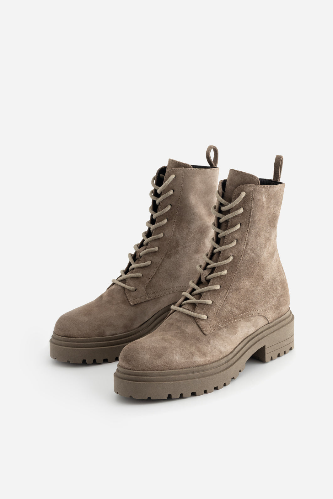 KACHOROVSKA RIRI taupe suede boots pair front angle view