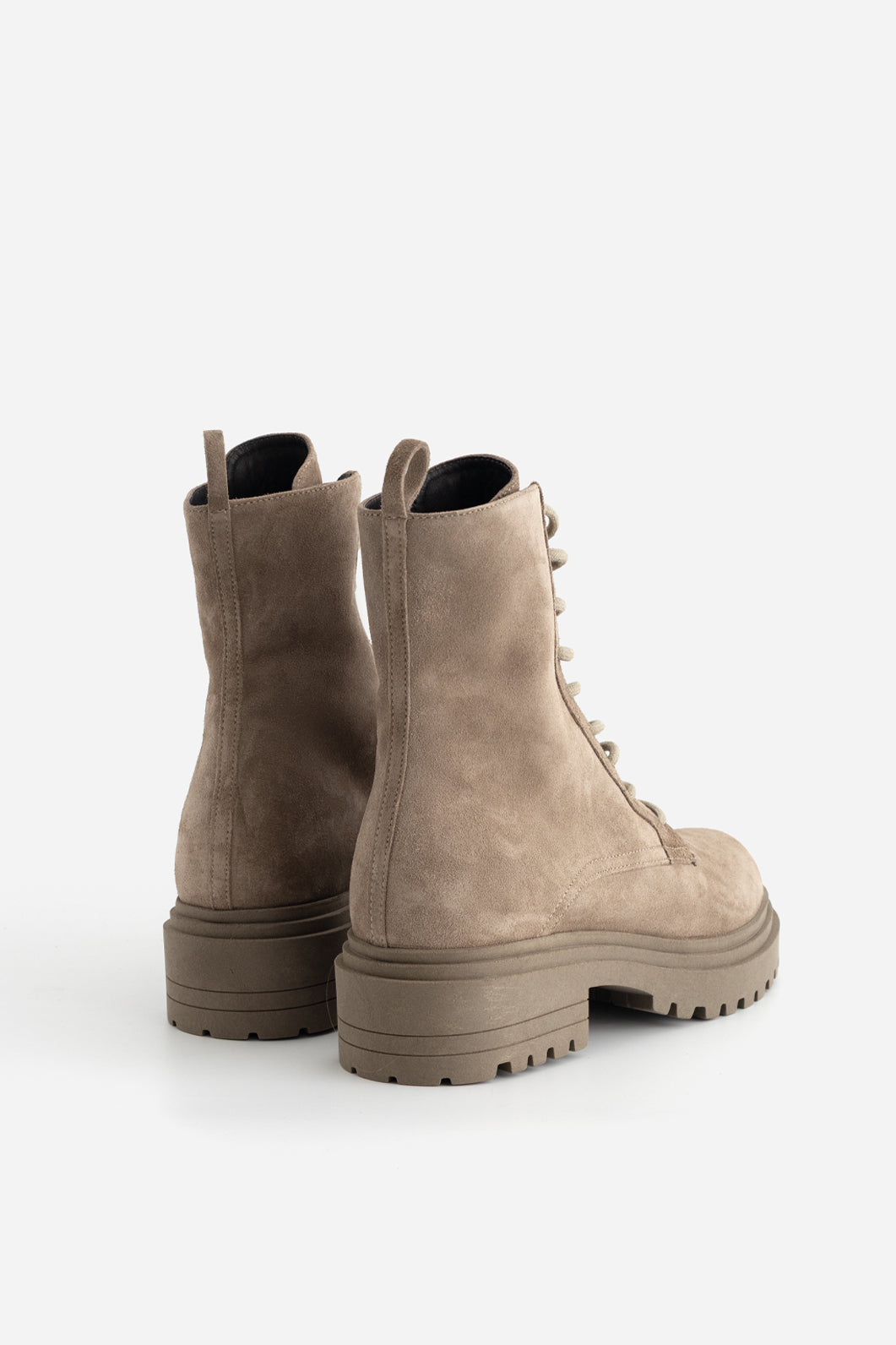 KACHOROVSKA RIRI taupe suede boots back view showing heel and pull tab