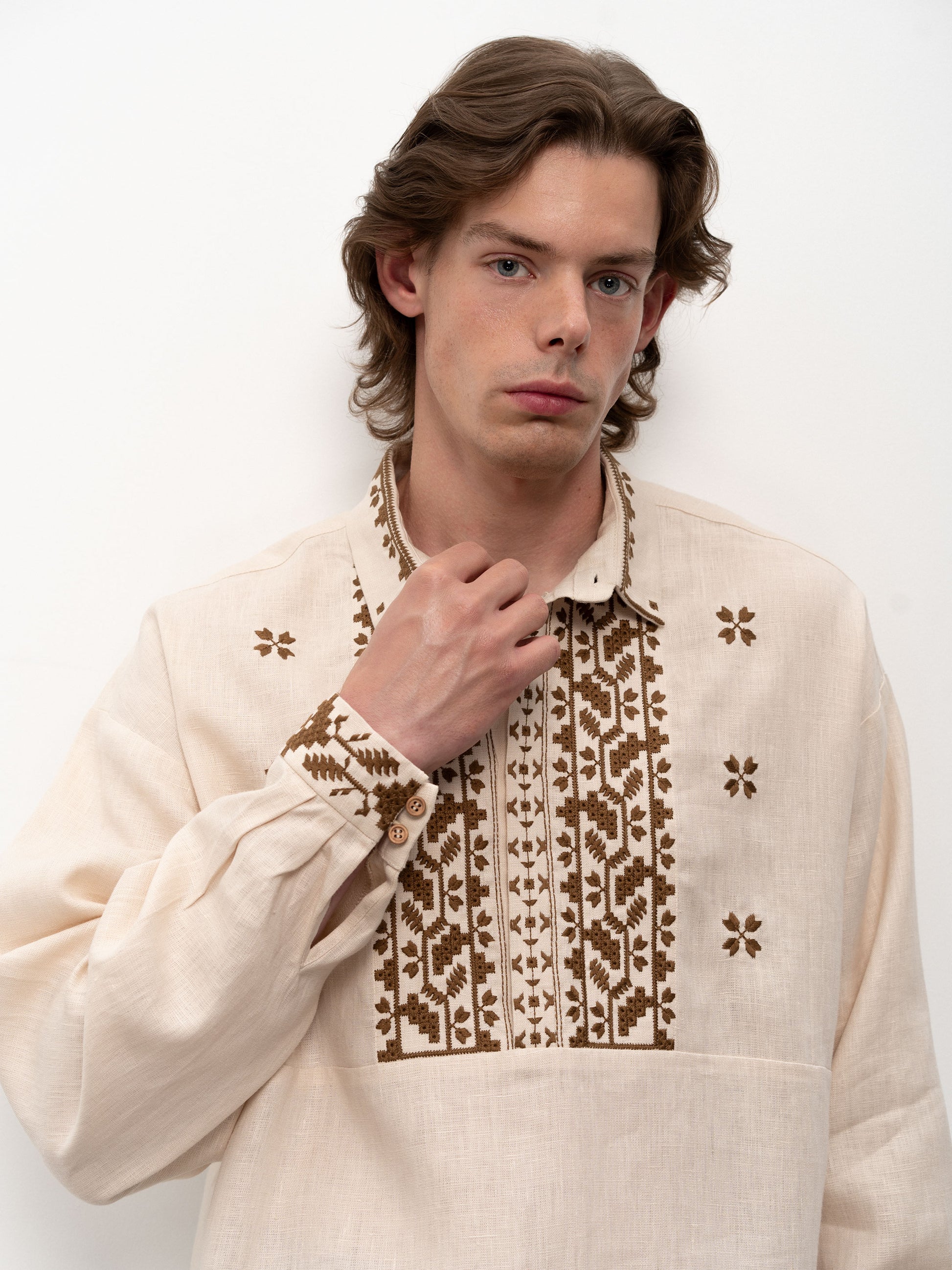 mens embroidered dress shirts Men's embroidered shirt with a collar Chernihivska ETNODIM M / Creamy