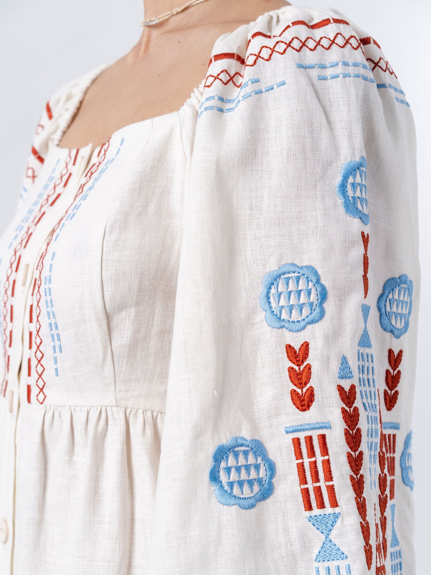 Linen embroidered dress with milk color MOZAIKA ETNODIM