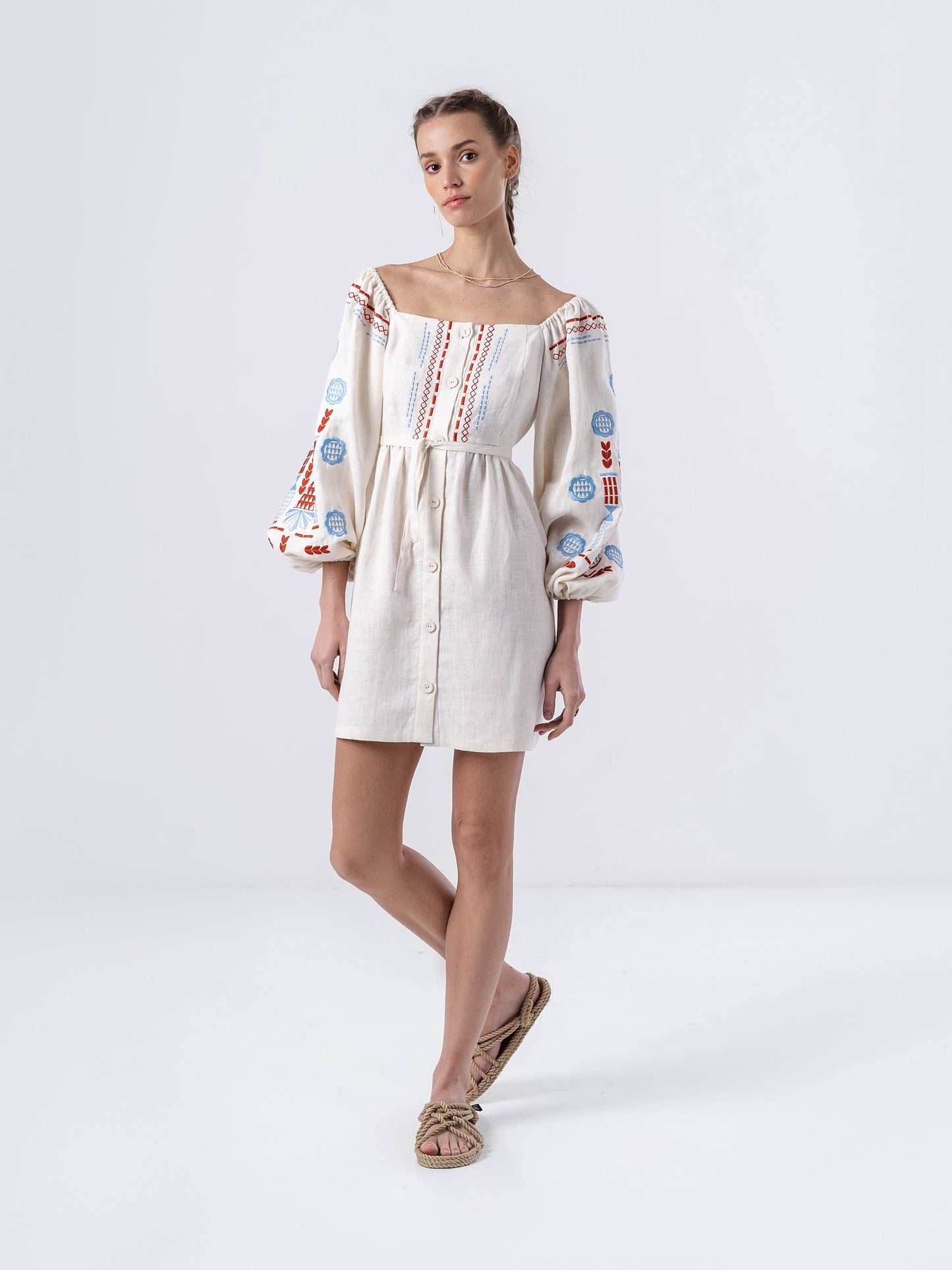 Linen embroidered dress with milk color MOZAIKA ETNODIM