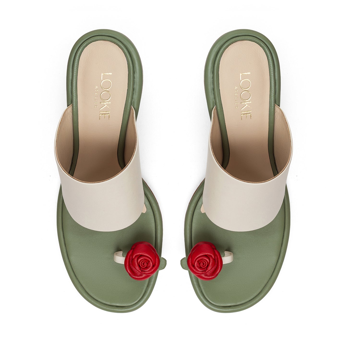 Siena milky-green leather sandals with removable flowers LOOKIE ATELIER