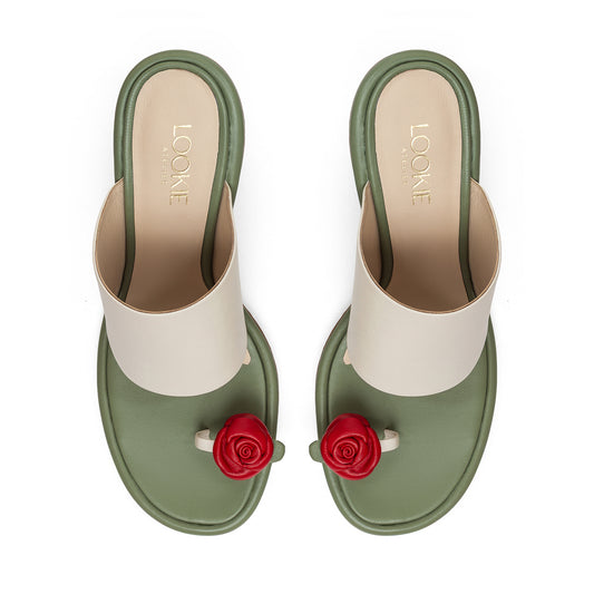 Siena milky-green leather sandals with removable flowers LOOKIE ATELIER