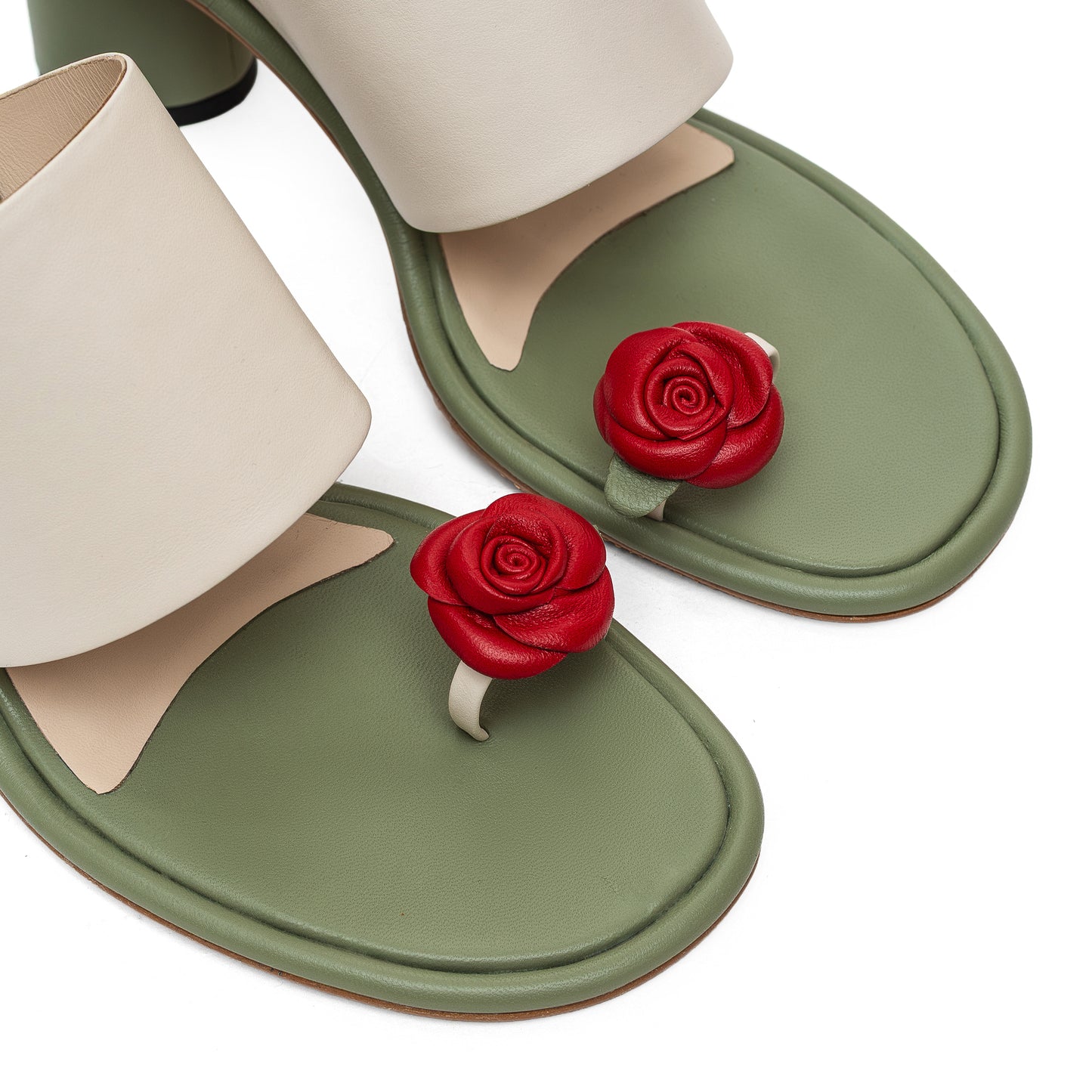 Siena milky-green leather sandals with removable flowers LOOKIE ATELIER