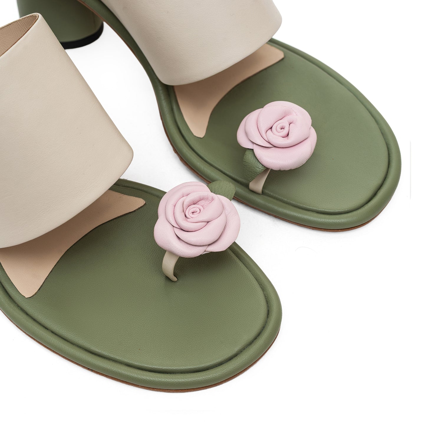 Siena milky-green leather sandals with removable flowers LOOKIE ATELIER