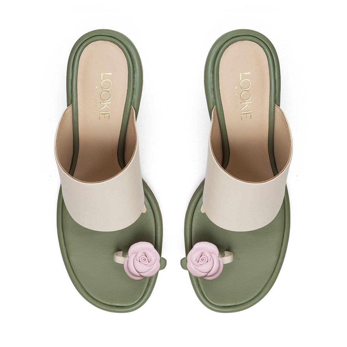 Siena milky-green leather sandals with removable flowers LOOKIE ATELIER