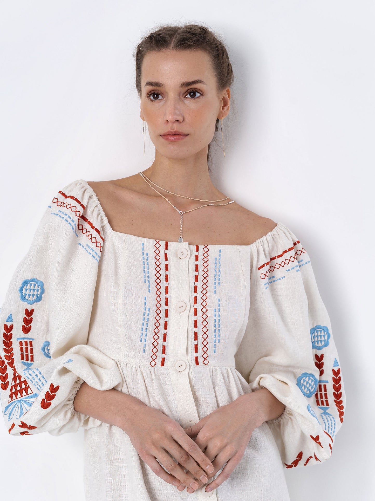 Linen embroidered dress with milk color MOZAIKA ETNODIM