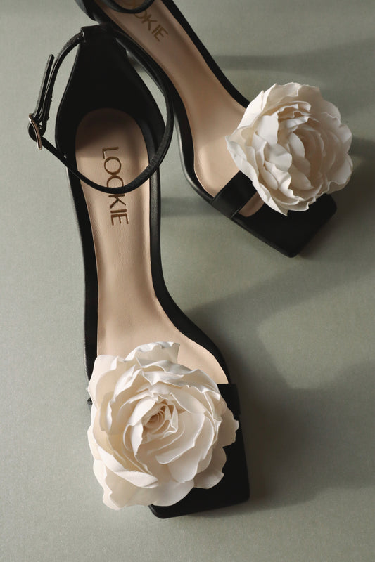 Wildrose black sandals with a removable satin rose LOOKIE ATELIER