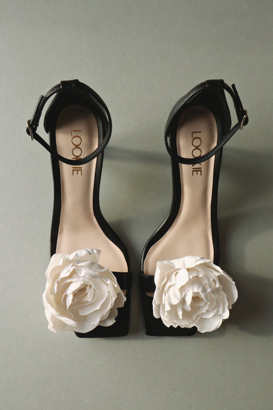 Wildrose black sandals with a removable satin rose LOOKIE ATELIER