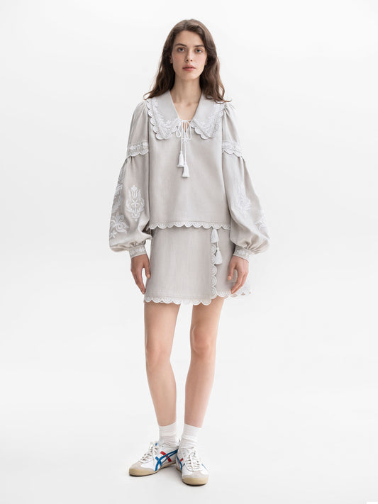 Gray linen blouse with white embroidery Meadow ETNODIM