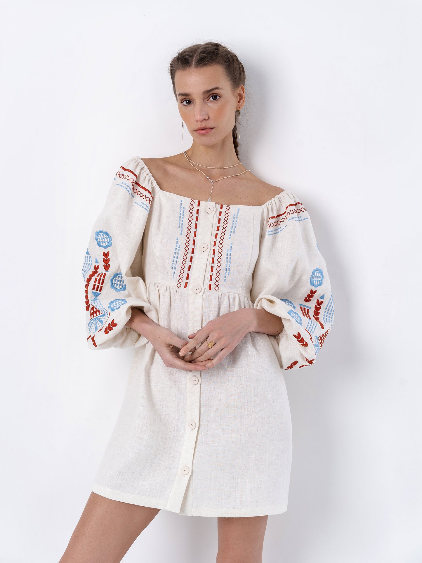 Linen embroidered dress with milk color MOZAIKA ETNODIM