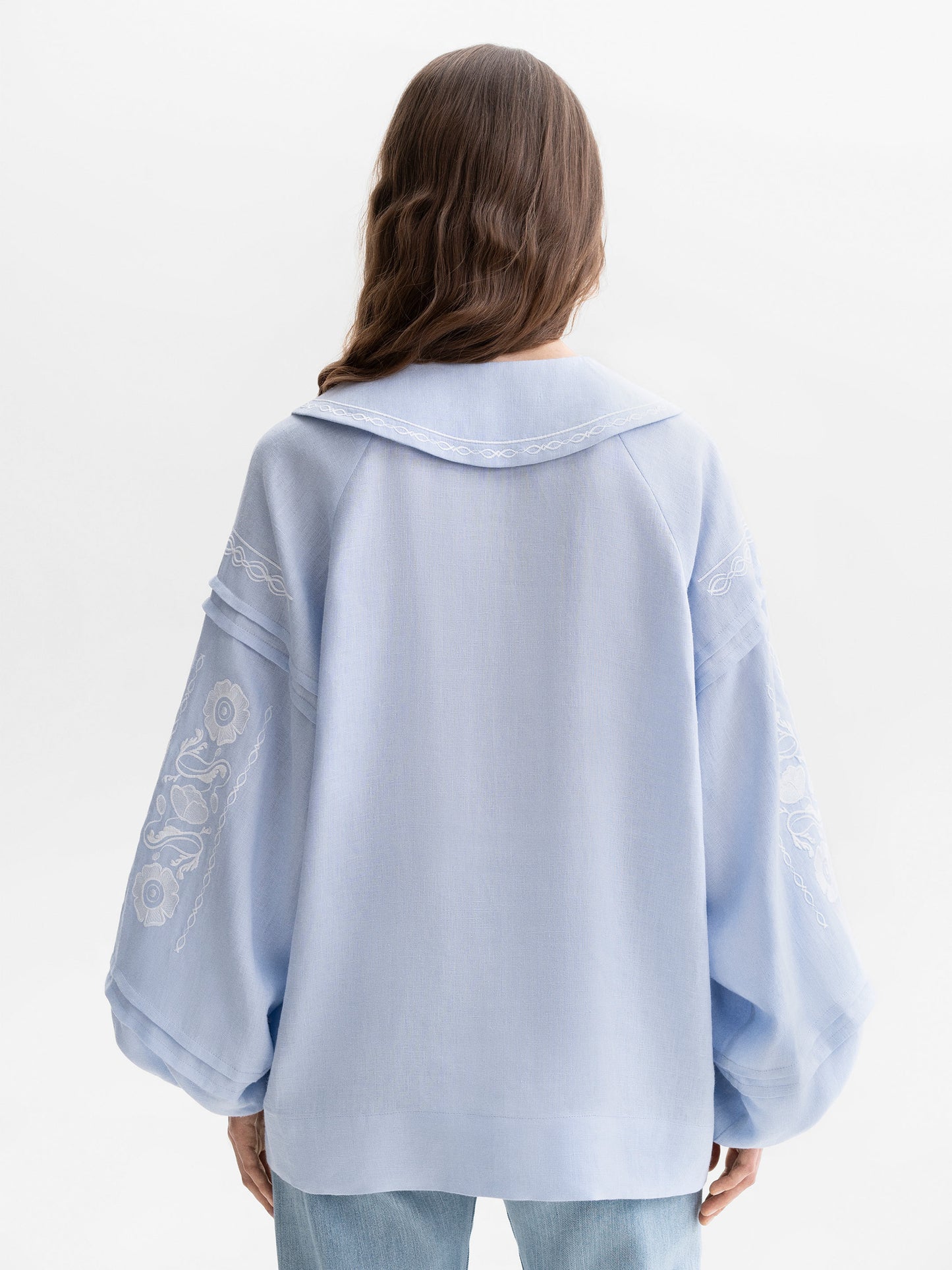 Soft blue shirt with white embroidery Dnipryana ETNODIM