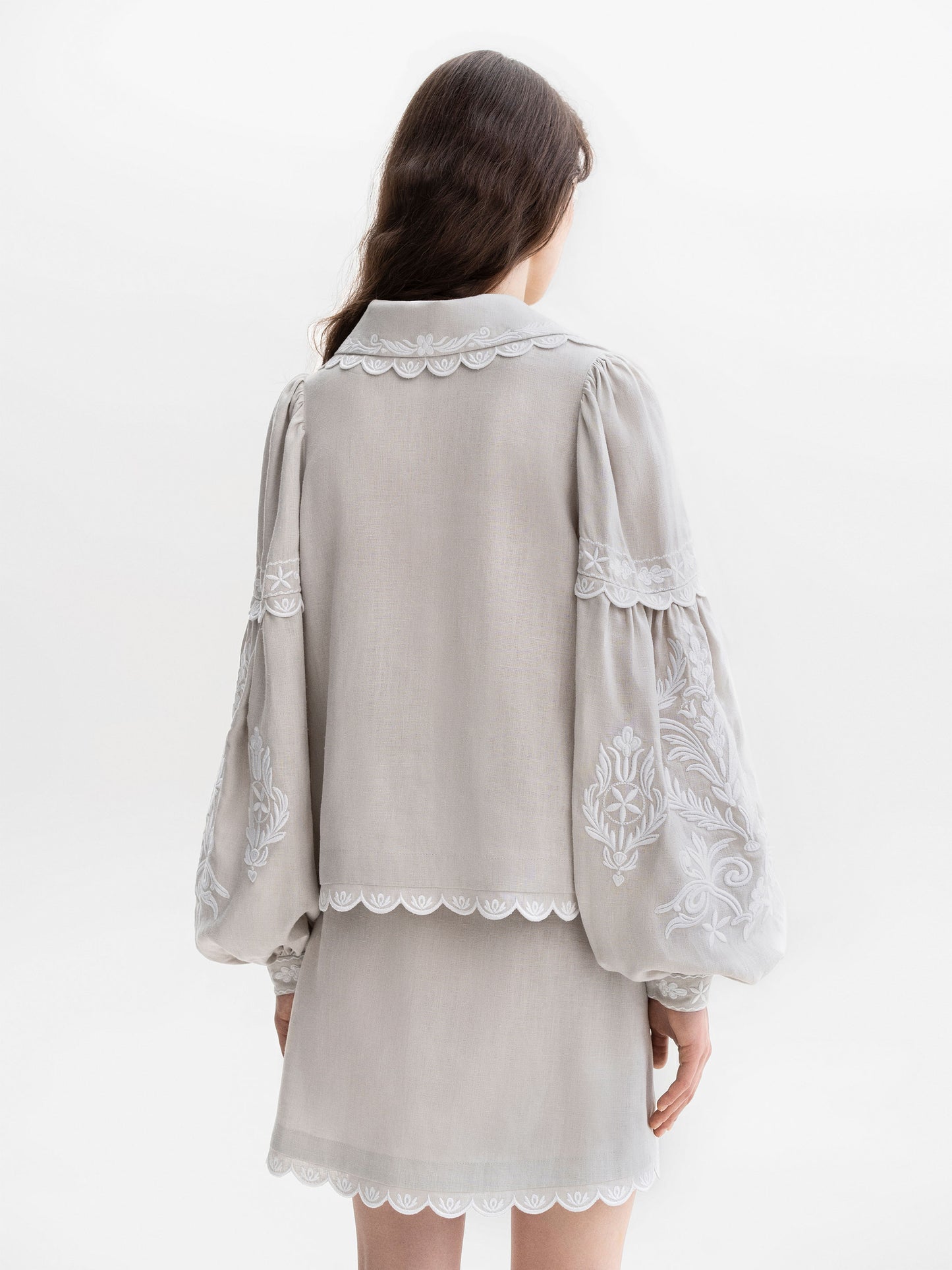 Gray linen blouse with white embroidery Meadow ETNODIM