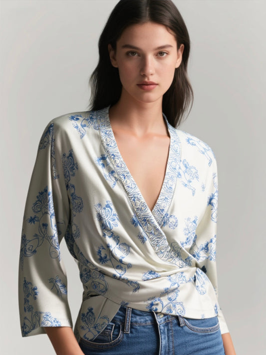 Silk Wrap Blouse Ivory Blue Floral FOBERINI (Pre-Owned)