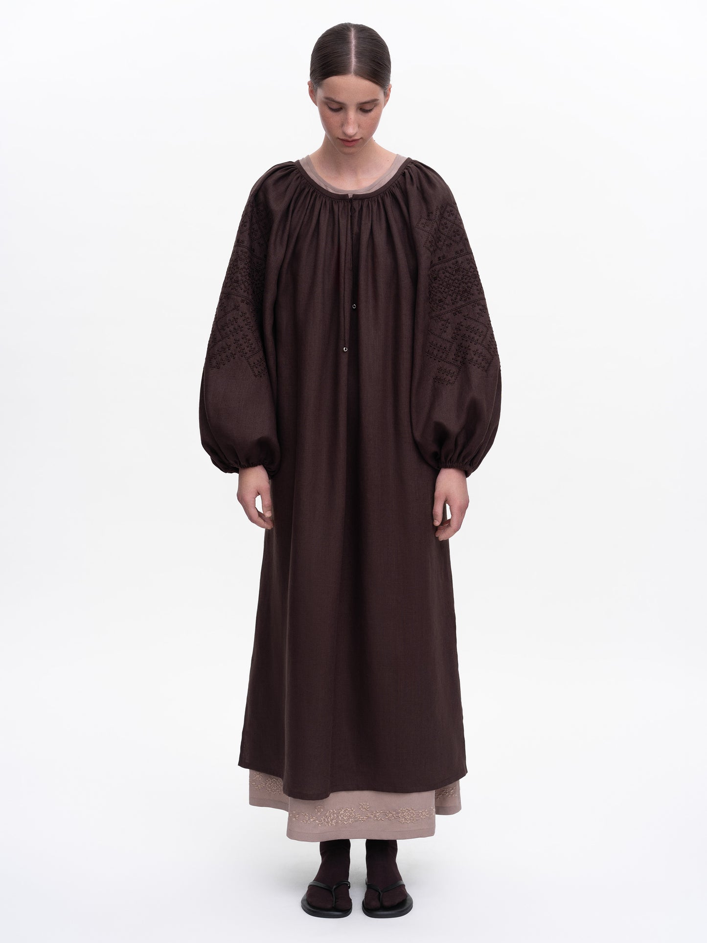 Brown embroidered dress Velina ETNODIM