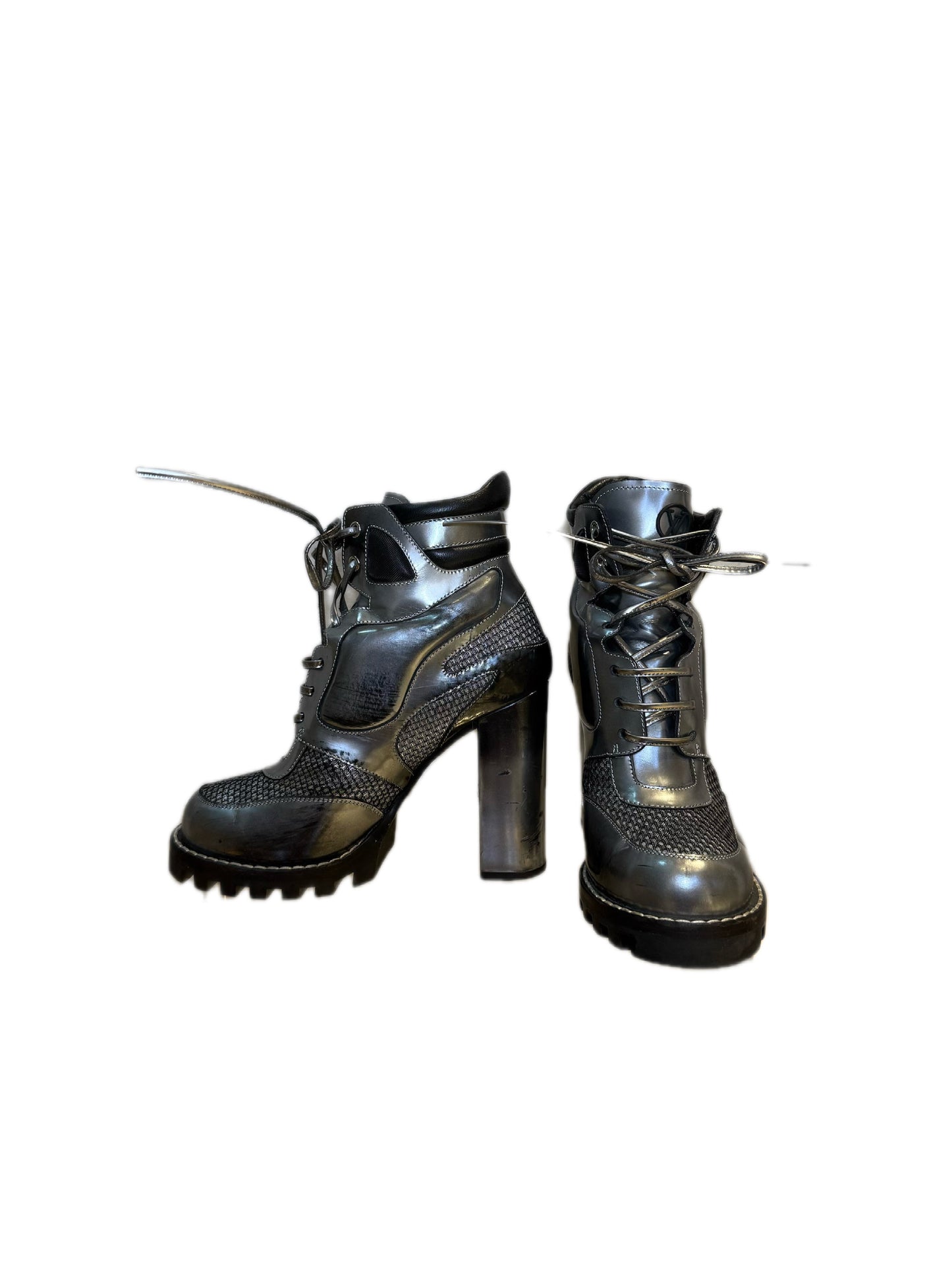 Leather Lace-Up Ankle Boots with Block Heel LOUIS VUITTON (Pre-Owned)