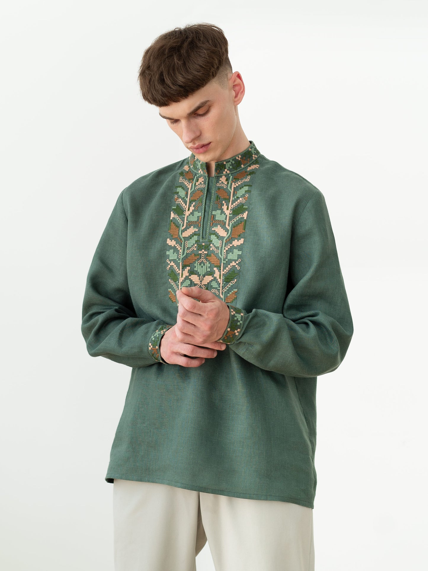 Men's embroidered shirt with pixel ornament of oak leaves Velych ETNODIM