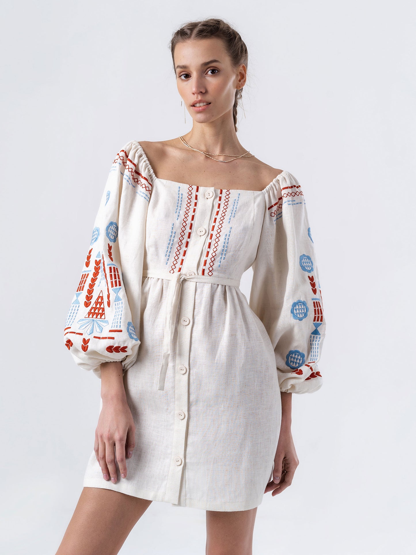 Linen embroidered dress with milk color MOZAIKA ETNODIM