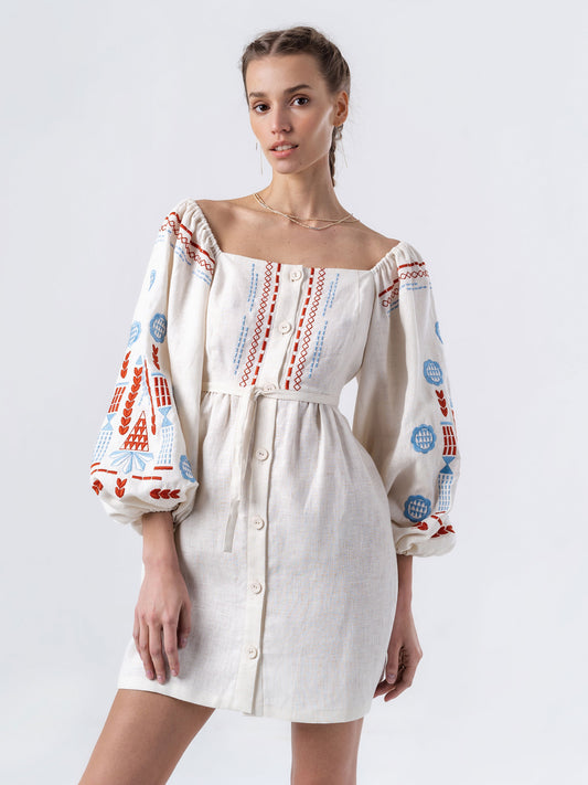 Linen embroidered dress with milk color MOZAIKA ETNODIM