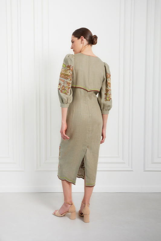 "Embroidery history" green midi dress FOBERINI