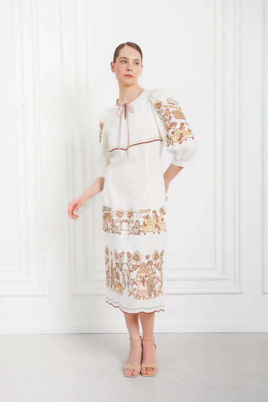 "Embroidery history" beige midi dress FOBERINI