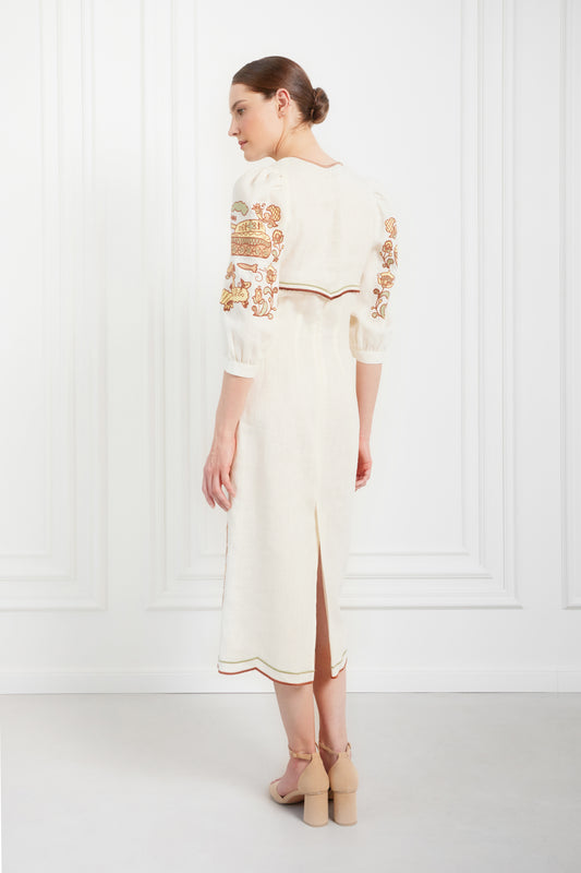 "Embroidery history" beige midi dress FOBERINI