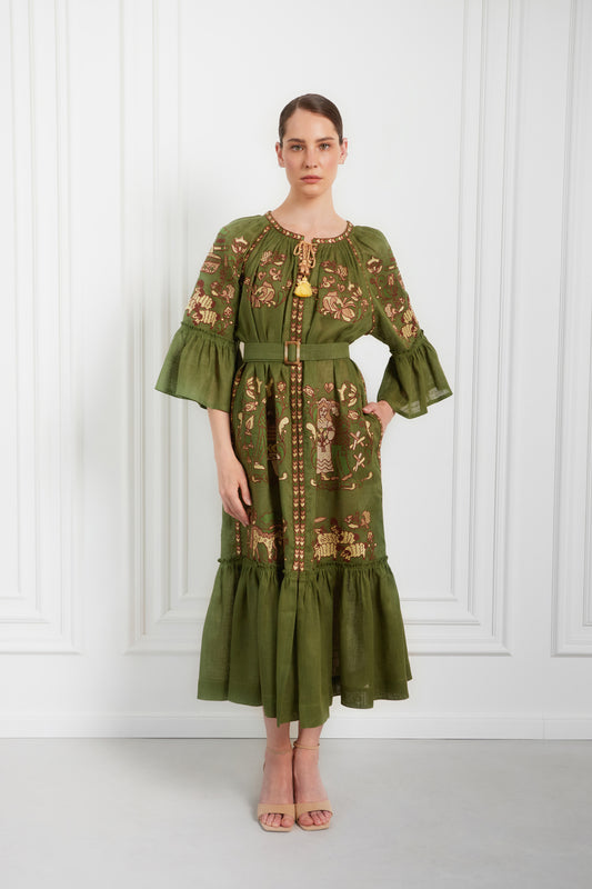 "Embroidery history" green maxi dress FOBERINI