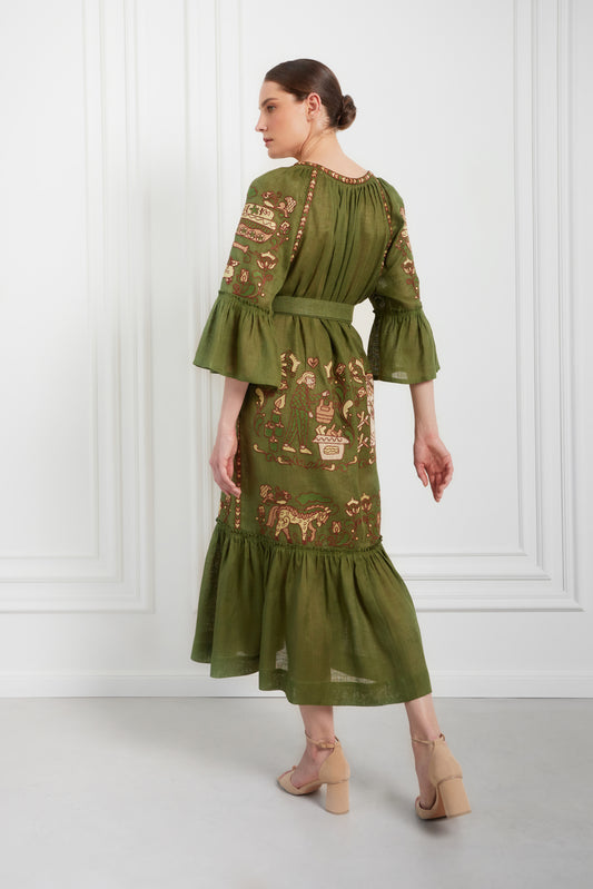 "Embroidery history" green maxi dress FOBERINI